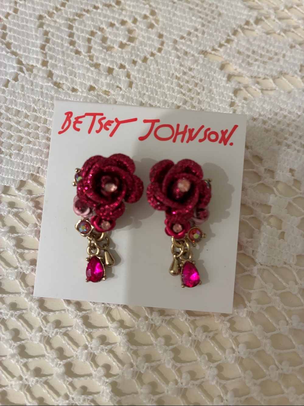 Betsey Johnson Sparkly Red/Deep Pink Rose Drop Earrings with Gold Accents